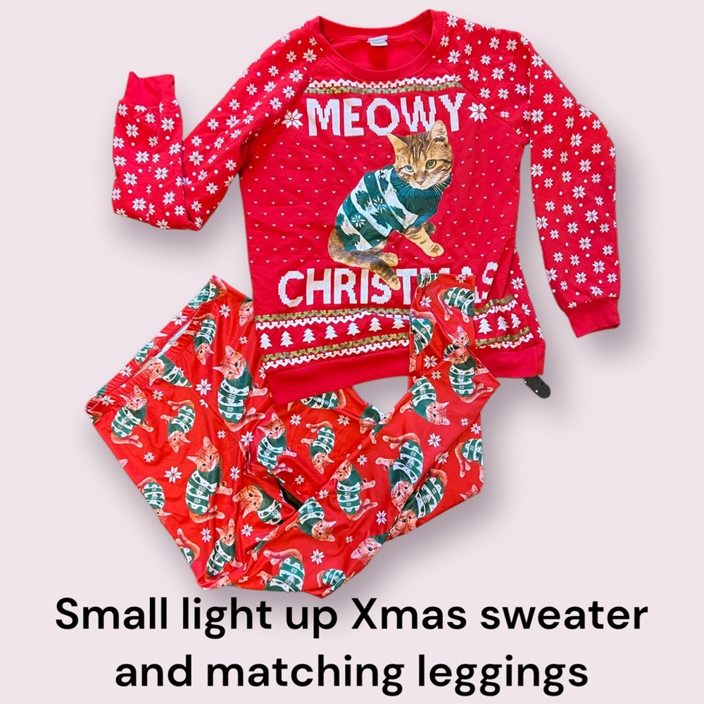 Small ugly Christmas cat sweater and matching leggings